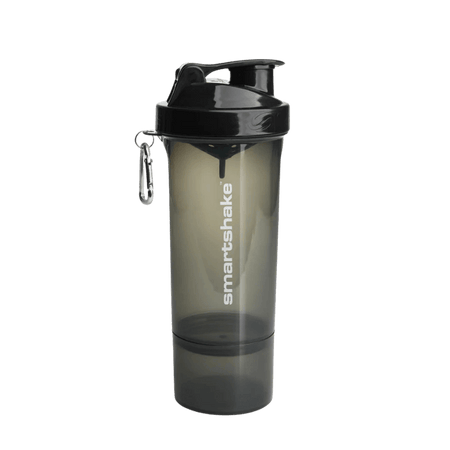 Shaker Smartshake 500 ml noir fumé avec compartiment de rangement vissé et mousqueton métallique