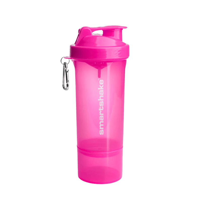 Shaker Smartshake 500 ml rose fuchsia avec compartiment de stockage intégré et mousqueton argenté