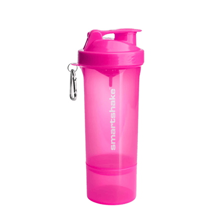 Shaker Smartshake 500 ml rose fuchsia avec compartiment de stockage intégré et mousqueton argenté