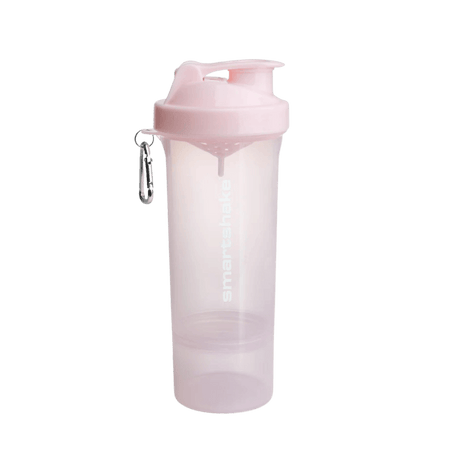 Shaker Smartshake 500 ml rose pâle avec logo blanc et compartiment vissé pour compléments