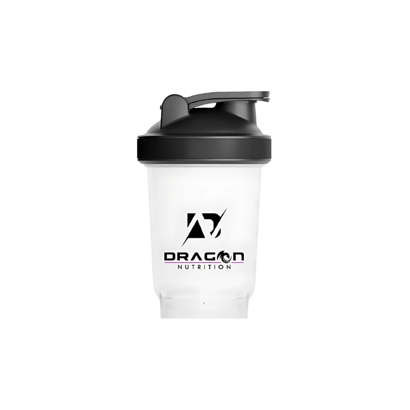 Shaker transparent 550 ml Dragon Nutrition avec couvercle noir et logo noir centré