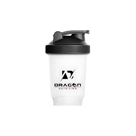 Shaker transparent 550 ml Dragon Nutrition avec couvercle noir et logo noir centré