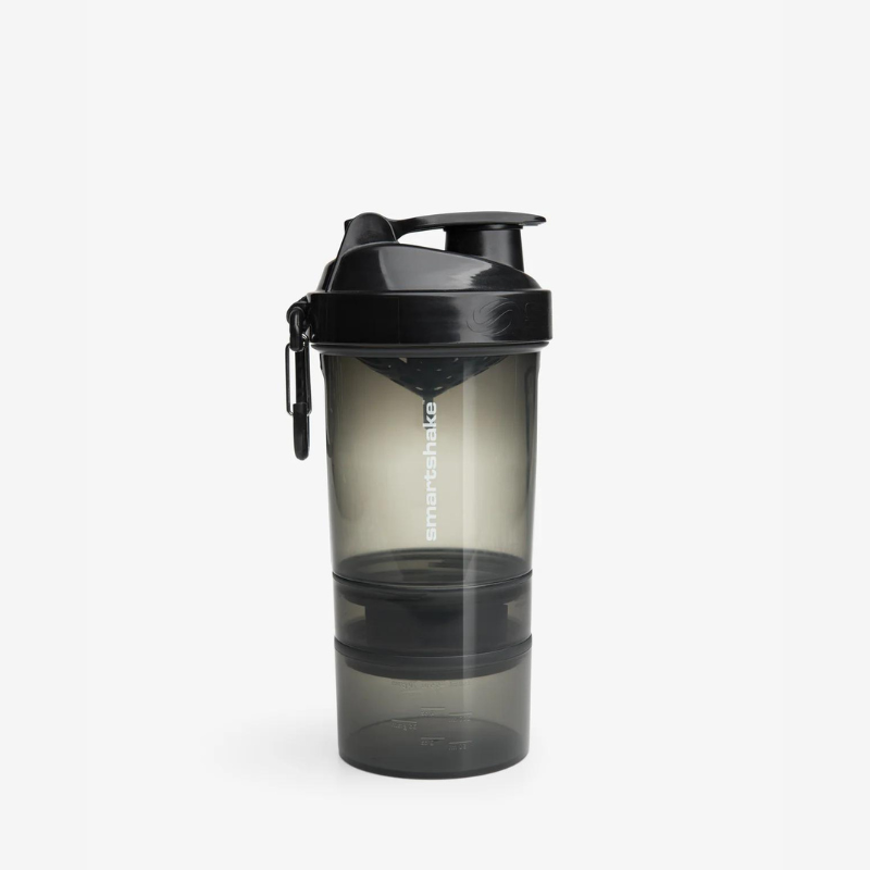 Shaker Smartshake 600 ml noir transparent avec compartiments de rangement pour suppléments et mousqueton sur le côté