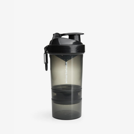 Shaker Smartshake 600 ml noir transparent avec compartiments de rangement pour suppléments et mousqueton sur le côté