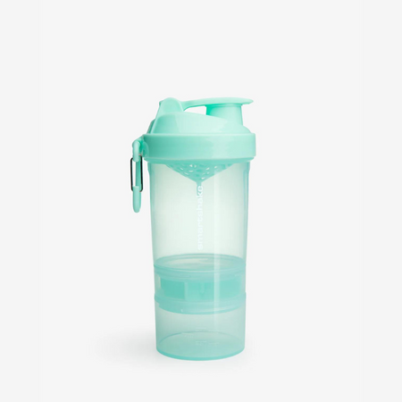 Shaker Smartshake 600 ml vert menthe assemblé avec double compartiment de rangement vissé sous le gobelet et mousqueton latéral