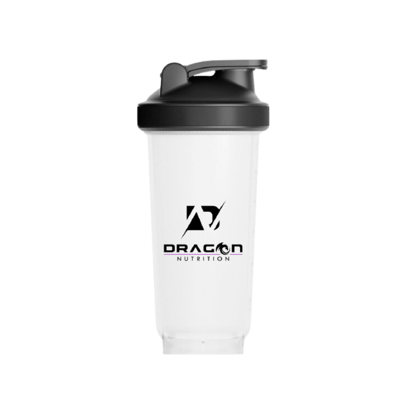 Shaker transparent 750 ml Dragon Nutrition avec couvercle noir et logo noir sur le devant