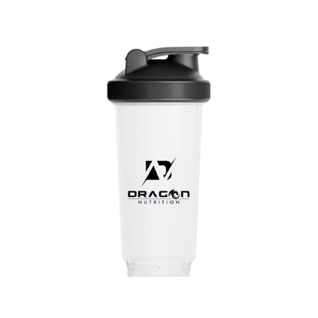 Shaker transparent 750 ml Dragon Nutrition avec couvercle noir et logo noir sur le devant