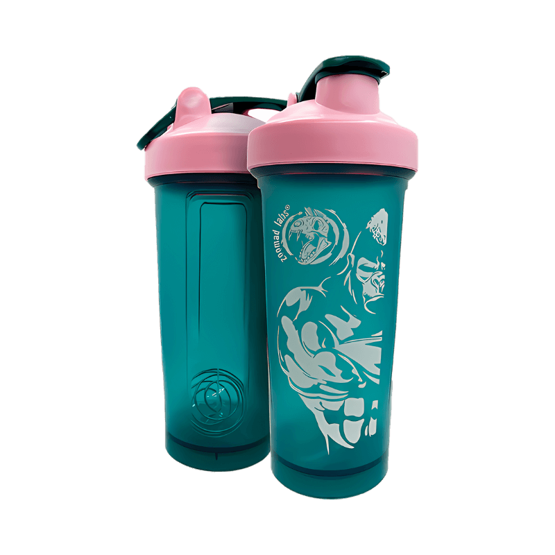 Shaker Zoomad Labs 750 ml vert avec couvercle rose et illustration gorille blanche sur le devant