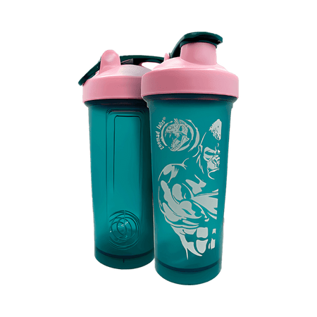 Shaker Zoomad Labs 750 ml vert avec couvercle rose et illustration gorille blanche sur le devant