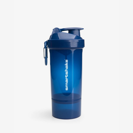Shaker Smartshake 800 ml bleu avec logo blanc et compartiment de stockage vissé sous le gobelet