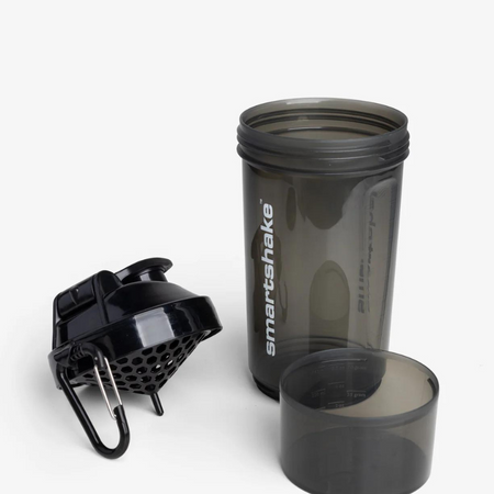 Shaker Smartshake 800 ml noir fumé avec couvercle noir brillant, compartiment vissé et mousqueton