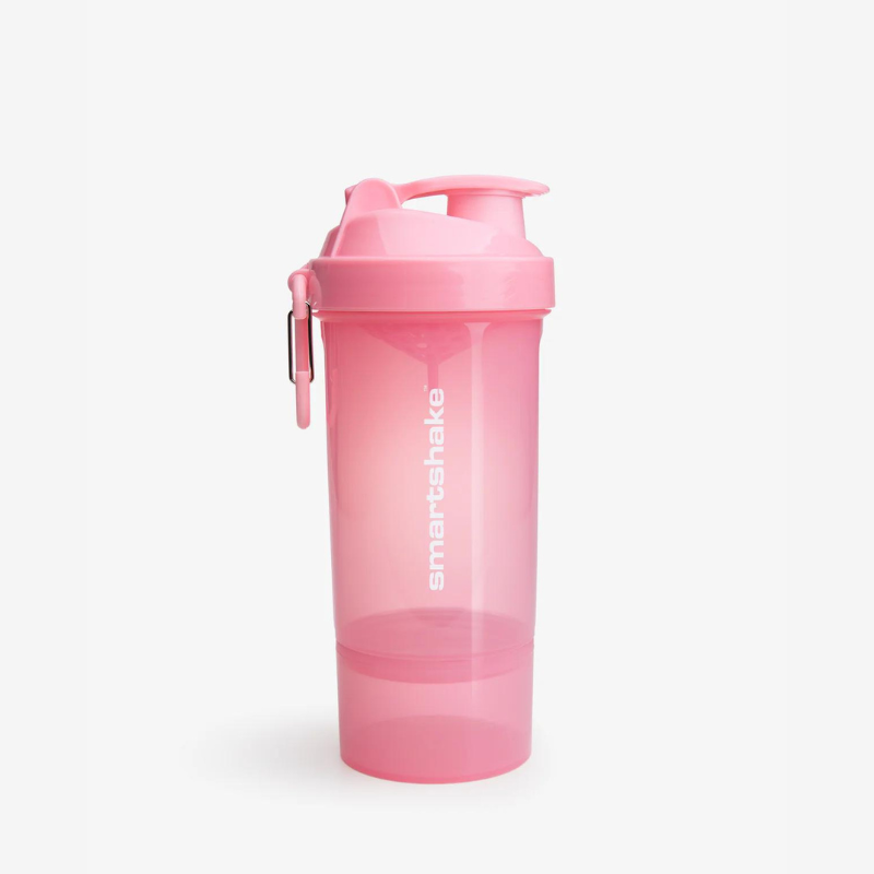 Shaker Smartshake 800 ml rose pastel avec logo blanc vertical et compartiment inférieur
