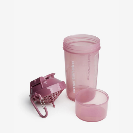 Shaker Smartshake 800 ml rose démonté avec couvercle, compartiment pour poudre et gobelet séparés