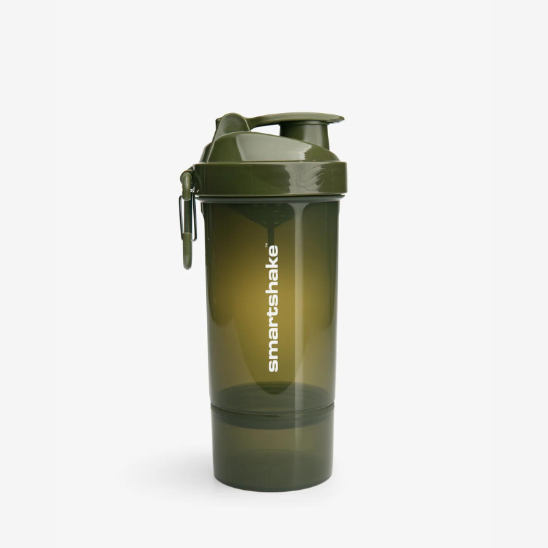 Shaker Smartshake 800 ml vert army avec compartiment de rangement vissé et mousqueton latéral