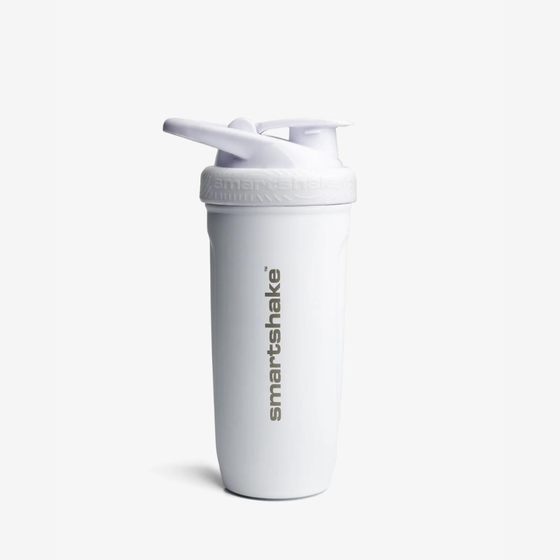 Shaker isotherme Smartshake Reforce Steel blanc en acier inoxydable avec logo gris vertical