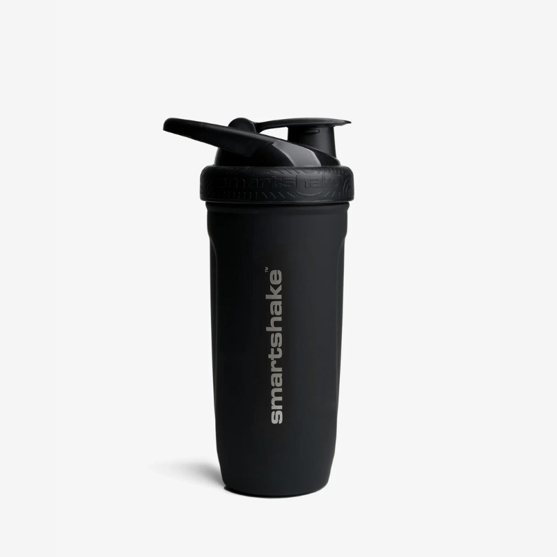 Shaker isotherme Smartshake Reforce Steel noir mat avec bouchon sport et logo gris