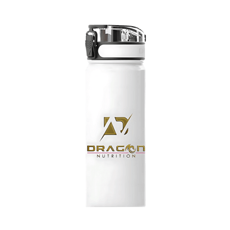Shaker métallique blanc 750 ml Dragon Nutrition avec logo doré et bouchon sport noir et transparent