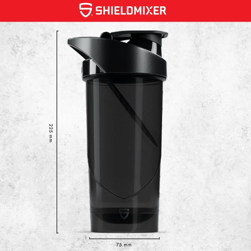 Shaker Shieldmixer noir 700 ml avec couvercle noir montrant les dimensions 225 mm de hauteur et 75 mm de diamètre