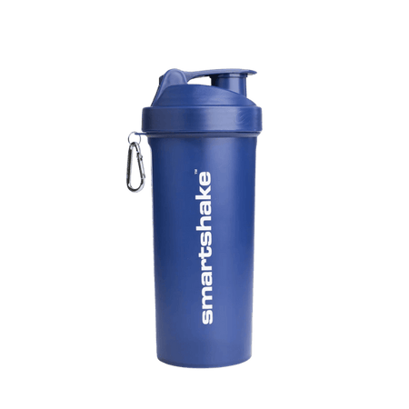 Shaker bleu Smartshake 1000 ml avec logo blanc vertical et mousqueton métallique accroché au couvercle