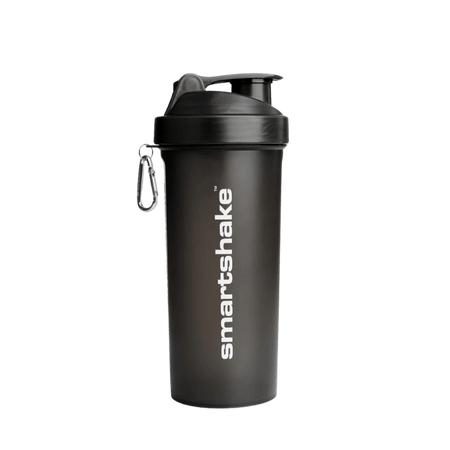 Shaker noir Smartshake 1000 ml avec logo blanc vertical et mousqueton métallique fixé sur le côté du couvercle