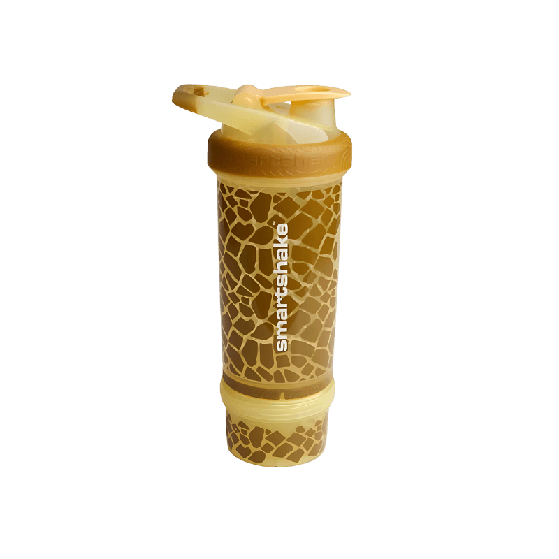 Shaker Smartshake jaune motif girafe avec compartiment de stockage vissé sous la bouteille