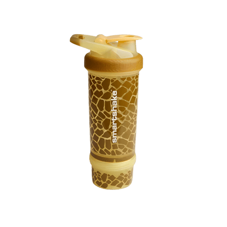 Shaker Smartshake jaune motif girafe avec compartiment de stockage vissé sous la bouteille