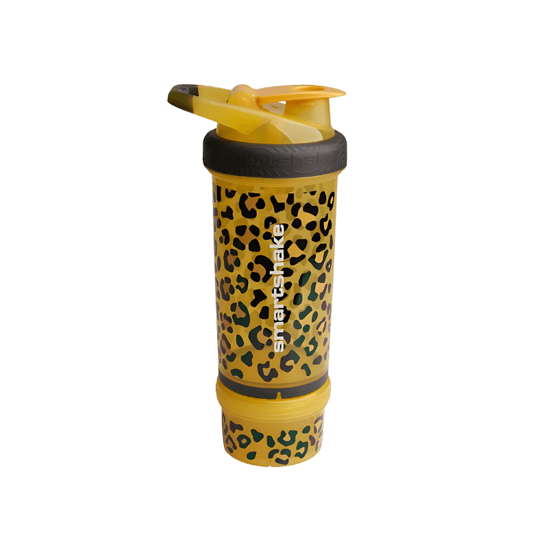 Shaker Smartshake jaune motif léopard avec réservoir inférieur à visser pour poudre ou en-cas