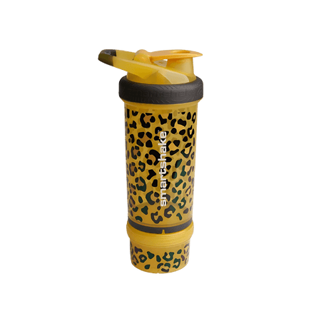 Shaker Smartshake jaune motif léopard avec réservoir inférieur à visser pour poudre ou en-cas