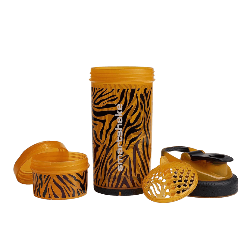 Shaker Smartshake motif tigre entièrement démonté avec réservoir, grille mélangeuse et couvercle séparés