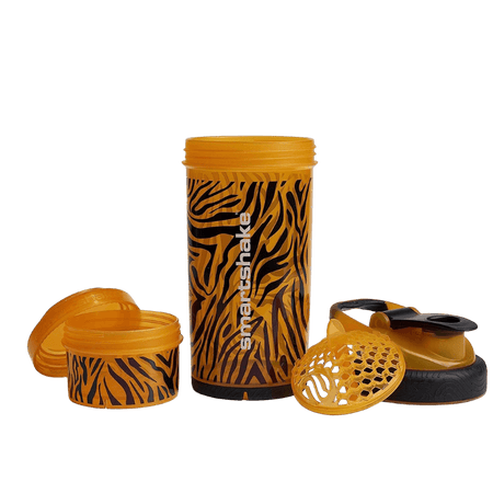 Shaker Smartshake motif tigre entièrement démonté avec réservoir, grille mélangeuse et couvercle séparés