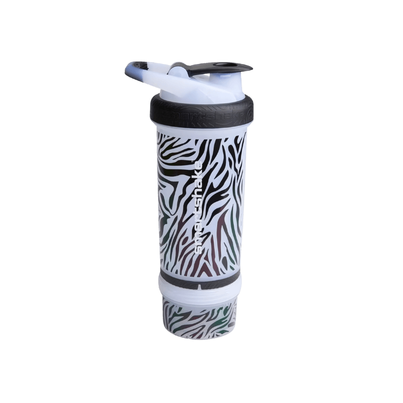 Shaker Smartshake blanc motif zèbre avec compartiment de rangement vissé sous le récipient principal