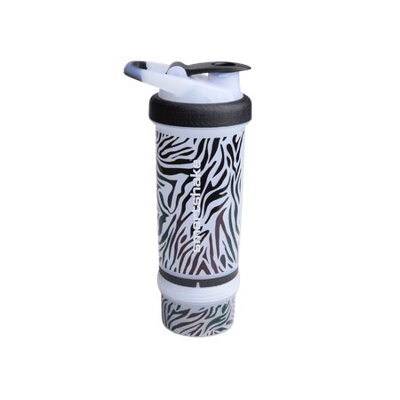 Shaker Smartshake blanc motif zèbre avec compartiment de rangement vissé sous le récipient principal