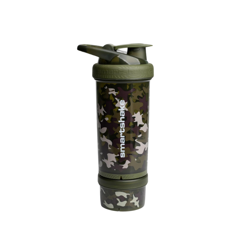 Shaker Smartshake 800 ml motif camouflage vert avec réservoir de stockage vissé sous la bouteille