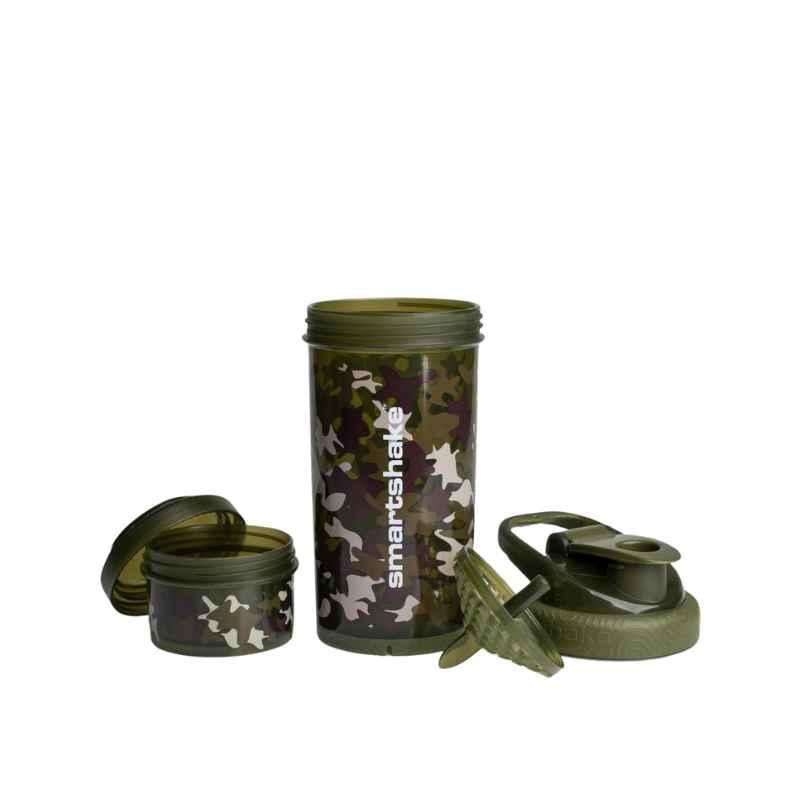 Shaker Smartshake camouflage vert démonté avec réservoir, couvercle, grille mélangeuse et bouteille séparés