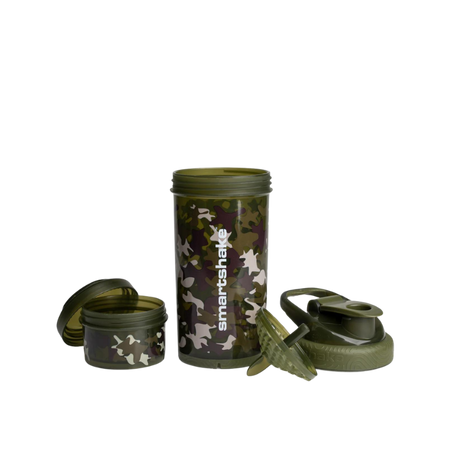 Shaker Smartshake camouflage vert démonté avec réservoir, couvercle, grille mélangeuse et bouteille séparés