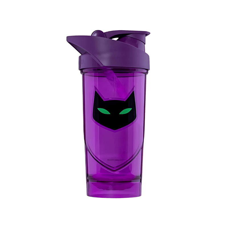 Shaker Smartshake 700 ml violet avec icône noire de chat aux yeux verts et couvercle violet
