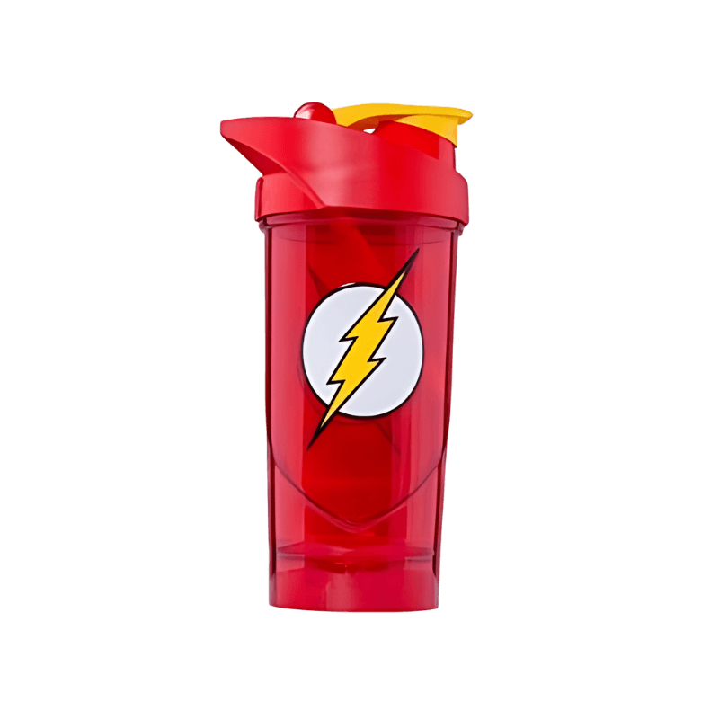 Shaker Smartshake 700 ml rouge avec logo Flash éclair jaune sur fond blanc et couvercle rouge et jaune