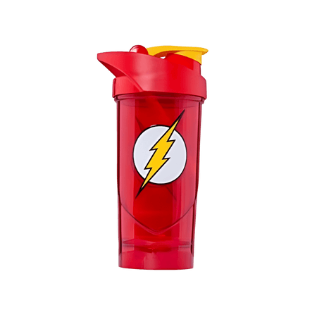 Shaker Smartshake 700 ml rouge avec logo Flash éclair jaune sur fond blanc et couvercle rouge et jaune
