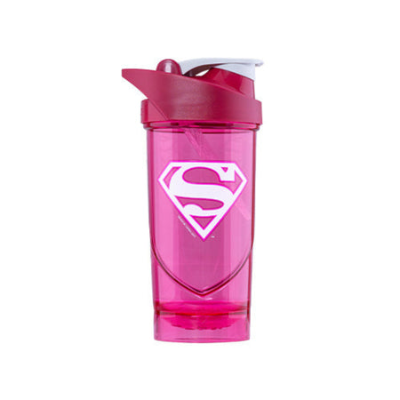 Shaker Smartshake 700 ml rose translucide avec logo Supergirl blanc et couvercle rose et blanc