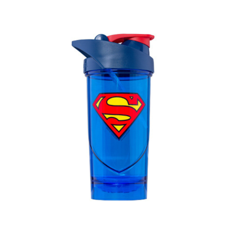 Shaker Smartshake 700 ml bleu translucide avec logo Superman rouge et jaune et couvercle bleu et rouge