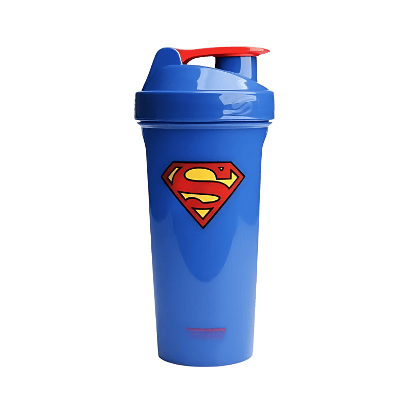Shaker Smartshake 800 ml bleu avec logo Superman rouge et jaune sur la face avant