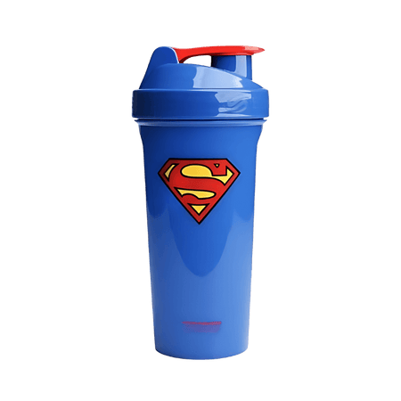 Shaker Smartshake 800 ml bleu avec logo Superman rouge et jaune sur la face avant