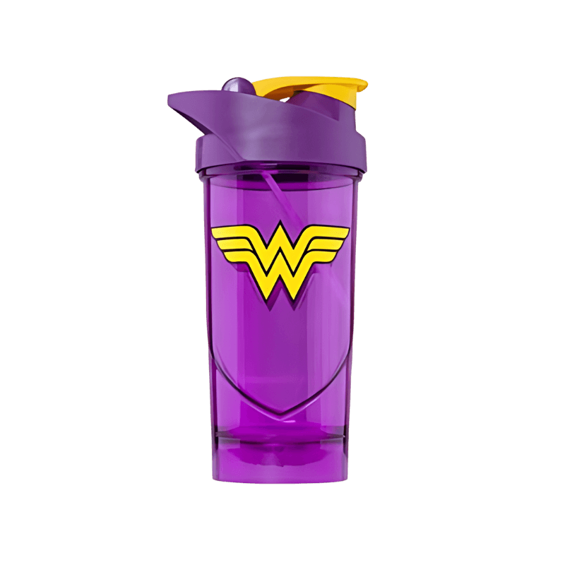 Shaker Smartshake 700 ml violet avec emblème jaune de Wonder Woman et couvercle violet et jaune