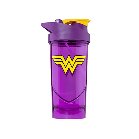Shaker Smartshake 700 ml violet avec emblème jaune de Wonder Woman et couvercle violet et jaune