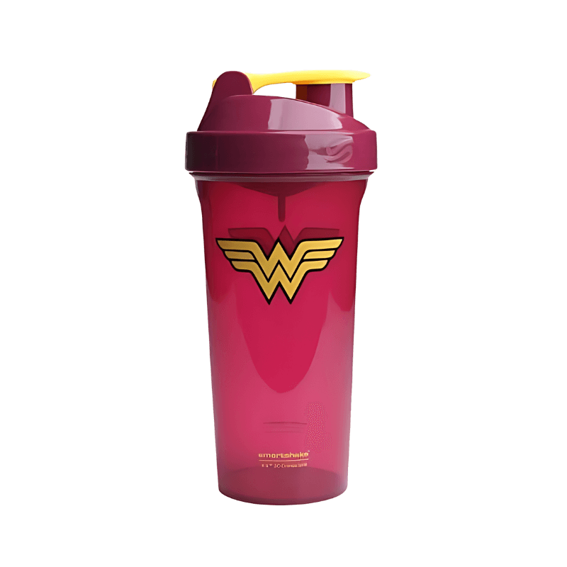 Shaker Smartshake 800 ml bordeaux translucide avec emblème doré de Wonder Woman