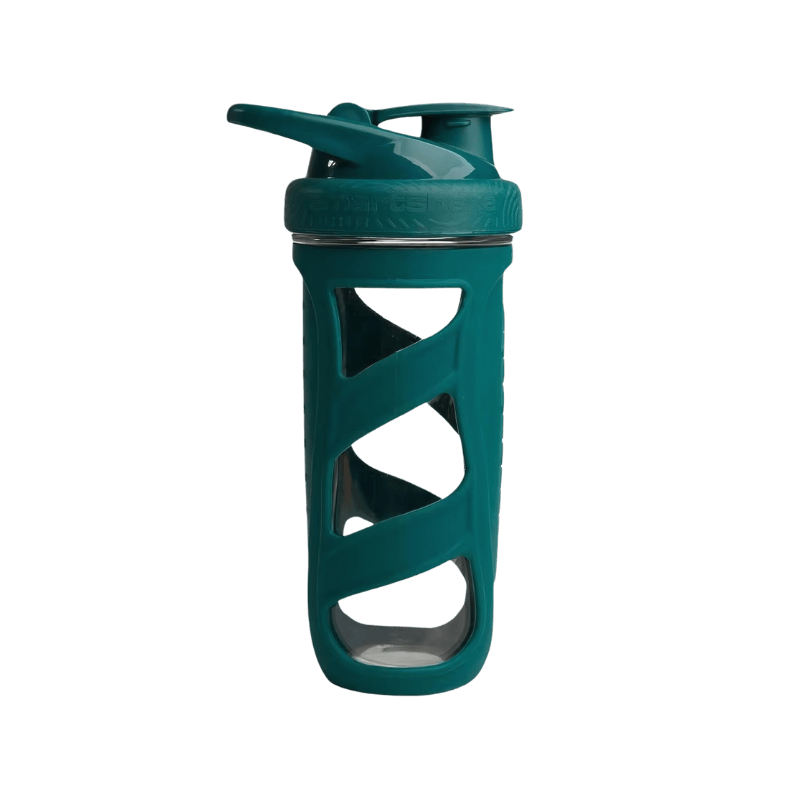 Shaker Smartshake en verre renforcé avec protection silicone verte et bouchon sport