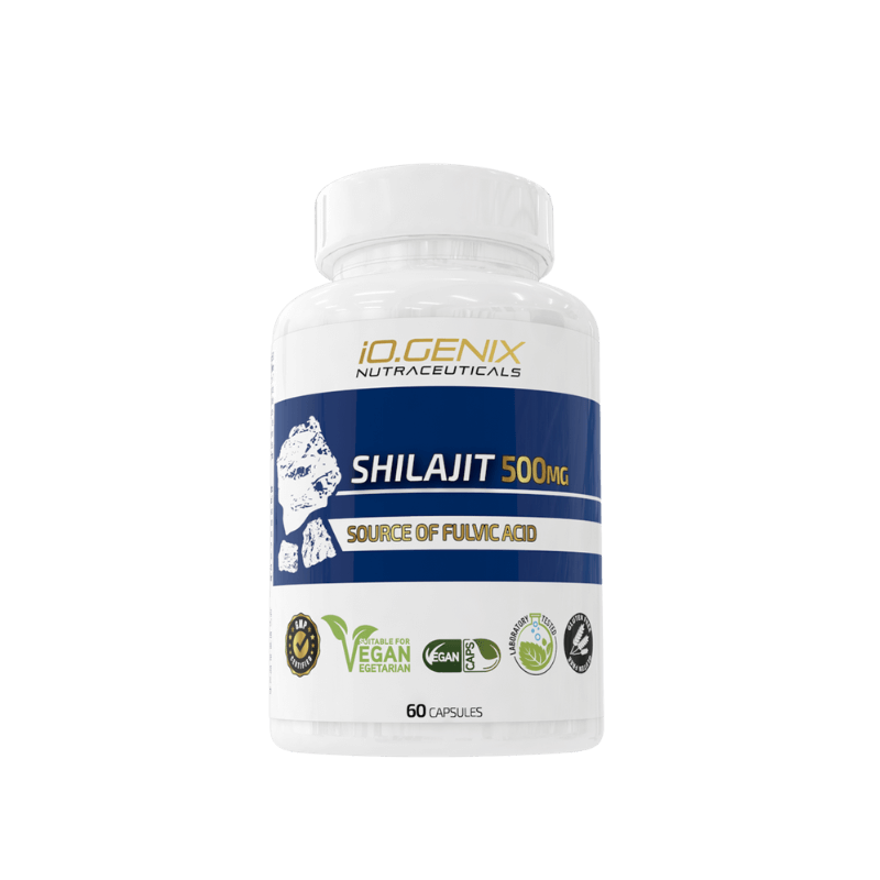Flacon IO Genix Shilajit 500 mg, complément alimentaire en 60 capsules véganes source d’acide fulvique pour le tonus et la vitalité