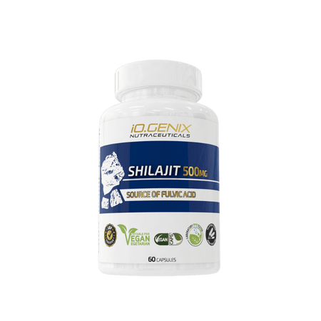 Flacon IO Genix Shilajit 500 mg, complément alimentaire en 60 capsules véganes source d’acide fulvique pour le tonus et la vitalité