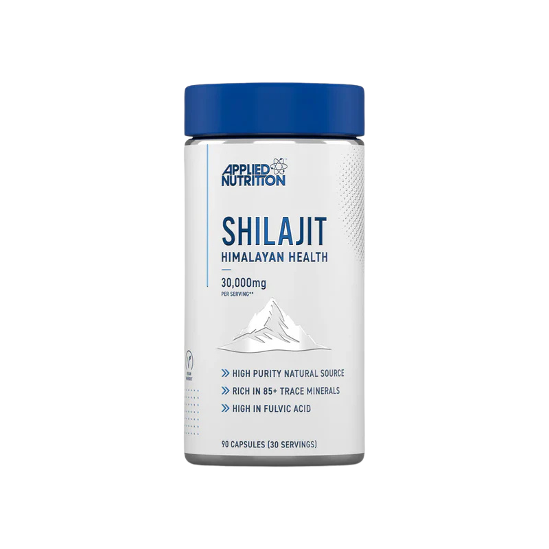 Flacon Applied Nutrition Shilajit Himalayan Health 30 000 mg par portion, complément en 90 capsules riche en minéraux traces et acide fulvique issu d’une source naturelle hautement purifiée