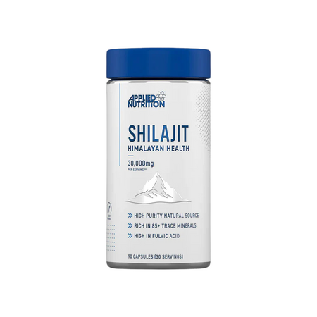 Flacon Applied Nutrition Shilajit Himalayan Health 30 000 mg par portion, complément en 90 capsules riche en minéraux traces et acide fulvique issu d’une source naturelle hautement purifiée